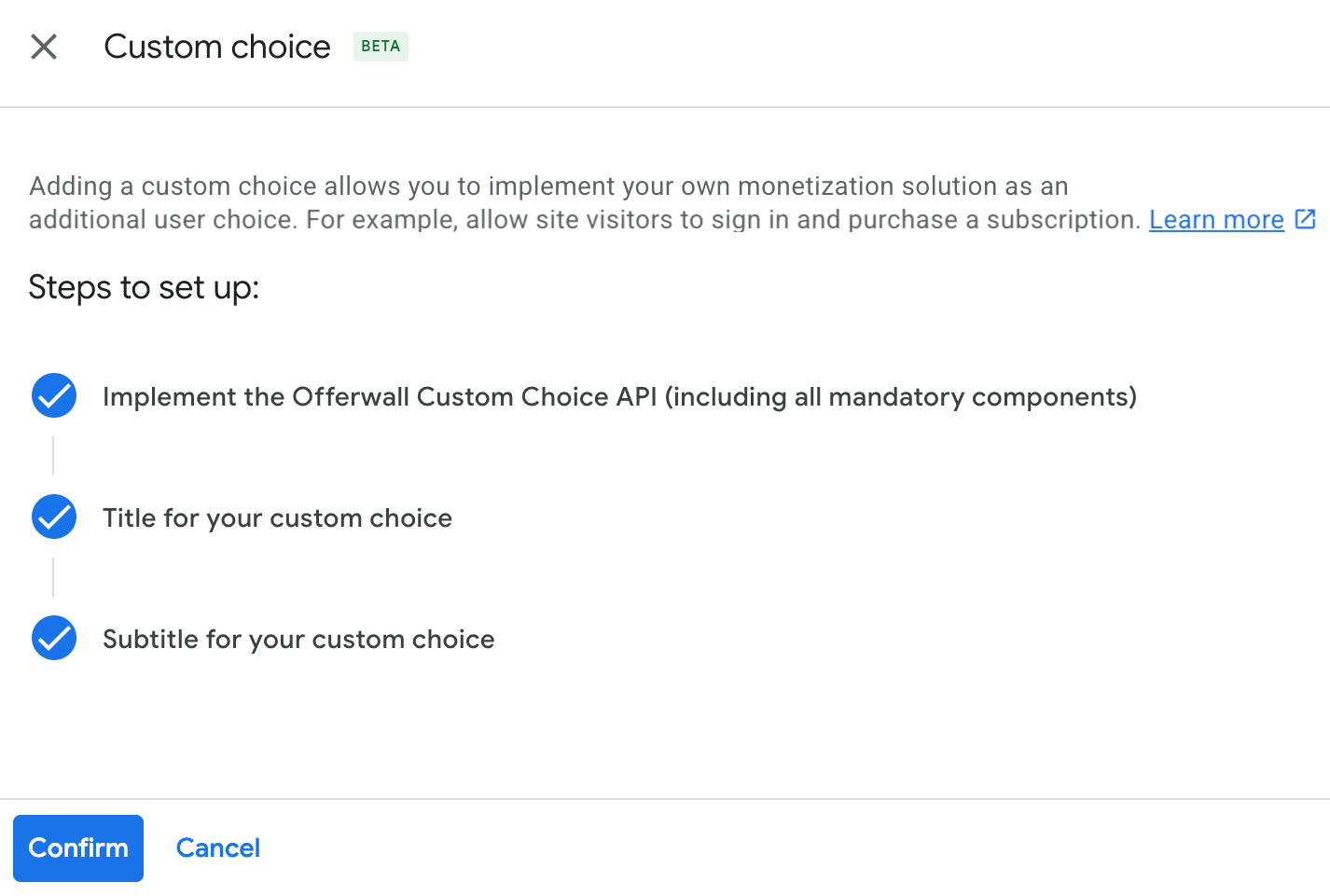 Custom choice setup screen with Confirm button active