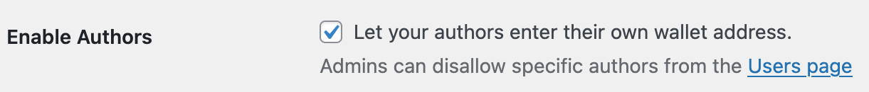 The enable authors option selected with a link to the users page